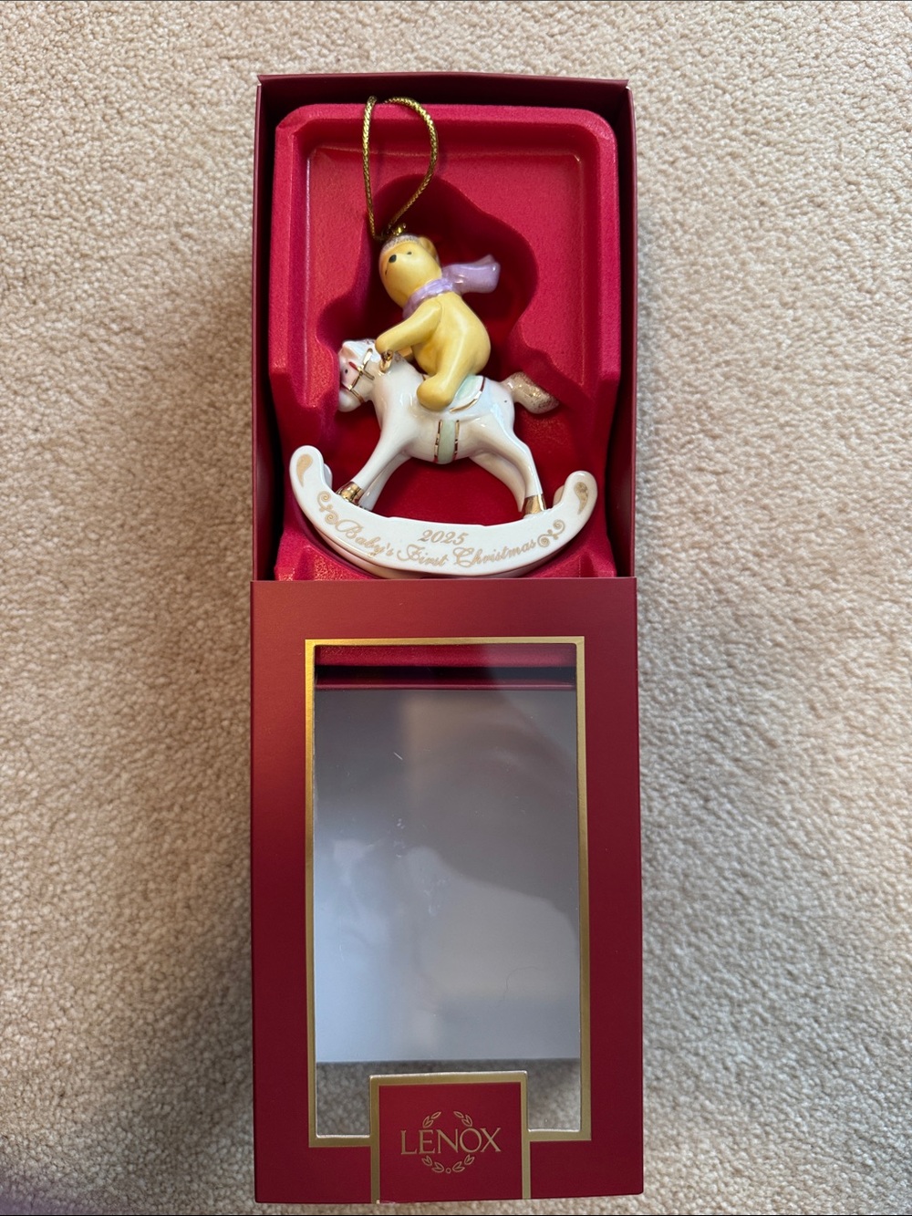 Lenox Yellow Bear on White Rocking Horse Christmas Ornament with Gold Cord